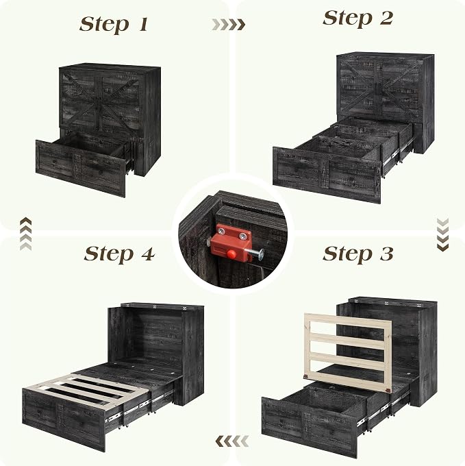 LUXOAK Twin Murphy Bed with Built-in Charging Station and Storage Drawer, Farmhouse Foldable Cabinet Bed for Guest Room, Apartment or Home Office, Black Oak