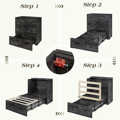LUXOAK Twin Murphy Bed with Built-in Charging Station and Storage Drawer, Farmhouse Foldable Cabinet Bed for Guest Room, Apartment or Home Office, Black Oak