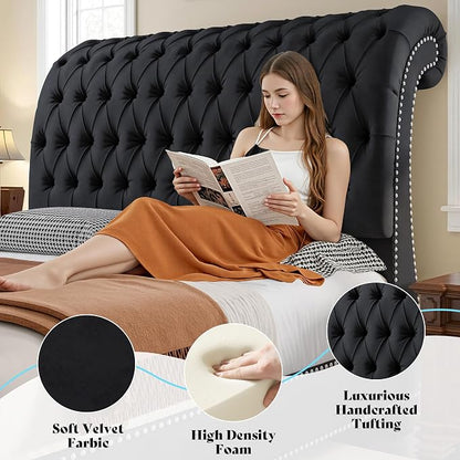 AMERLIFE 55" Tall Sleigh Bed Frame with Scroll Headboard & Footboard, Velvet Upholstered Platform Bed with Deep Button Tufted, Solid Wood Legs, No Box Spring Needed, Black, California King
