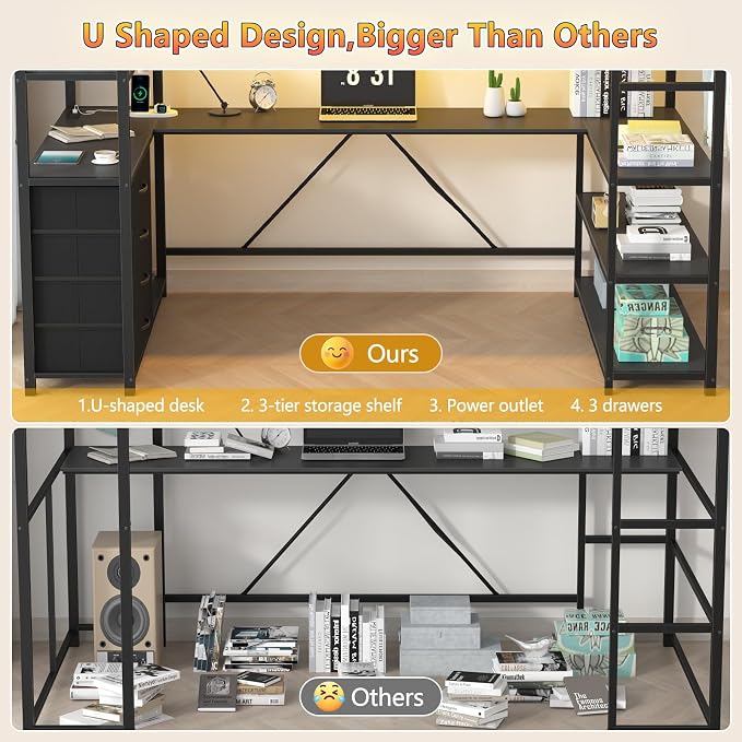 Loft Bed Twin Size with Storage Upholstered Headboard, Black Twin Loft Bed Frame with U-Shaped Desk & LED Lights, Bunk Loft Beds with Power Outlet, Loft Beds with 4 Storage Drawers, Guard & Ladder