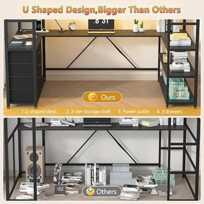 Loft Bed Twin Size with Storage Upholstered Headboard, Black Twin Loft Bed Frame with U-Shaped Desk & LED Lights, Bunk Loft Beds with Power Outlet, Loft Beds with 4 Storage Drawers, Guard & Ladder