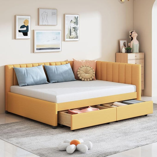 Merax Full Size Upholstered Daybed with 2 Storage Drawers, Wooden Sofa Bed Frame for Bedroom Guest Room, No Box Spring Needed