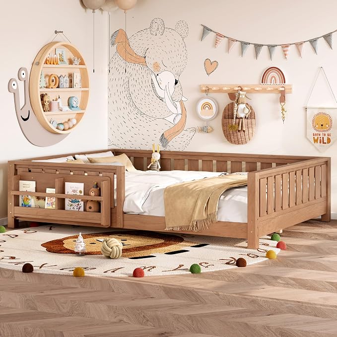 Bellemave Queen Size Floor Bed with Slats and Guardrails, Queen Size Montessori Floor Bed with Bookcase and Fence, Low Profile Montessori Beds for Kids, Natural Floor Beds Frame