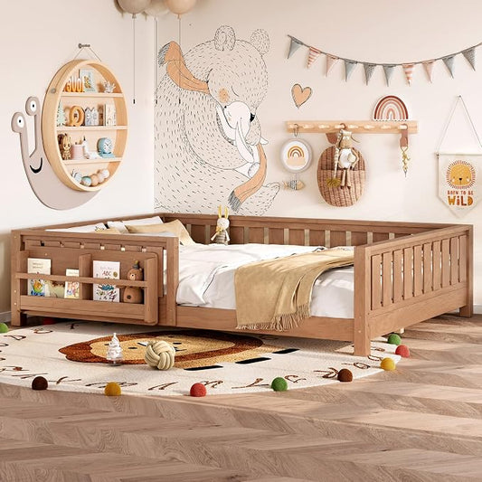 Bellemave Queen Size Floor Bed with Slats and Guardrails, Queen Size Montessori Floor Bed with Bookcase and Fence, Low Profile Montessori Beds for Kids, Natural Floor Beds Frame