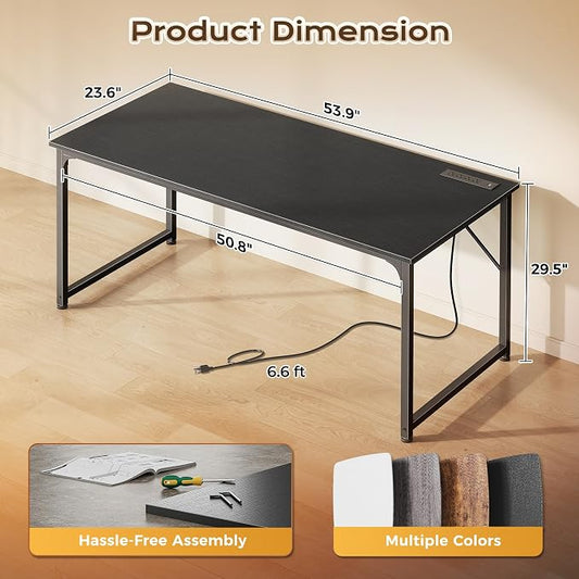 PRAISUN 54 X 24 Inch Deeper Desk with Power Outlets | Large Computer Desk for Bedroom, Office Desk for Work from Home, Writing Study Gaming Table, Stable Metal Frame, Black