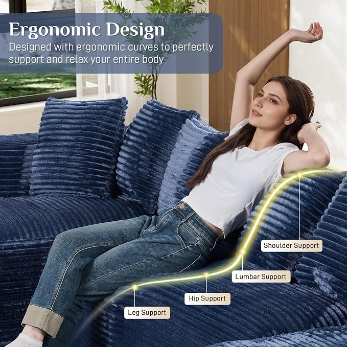 131" Oversized U Shaped Cloud Sectional Couches for Living Room, Comfy Fluffy Corduroy Blue Boneless Sectionals Couch, Plush Memory Foam Modular Sectional Sofa with Chaise- 19" Seat Height