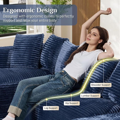 131" Oversized U Shaped Cloud Sectional Couches for Living Room, Comfy Fluffy Corduroy Blue Boneless Sectionals Couch, Plush Memory Foam Modular Sectional Sofa with Chaise- 19" Seat Height
