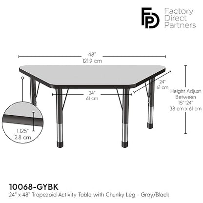 FDP Trapezoid Activity School and Classroom Kids Table (24 x 48 inch), Chunky Toddler Legs for Collaborative Seating Environments, Adjustable Height 15-24 inches - Gray Top and Black Edge