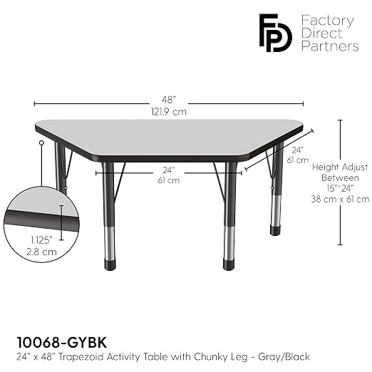 FDP Trapezoid Activity School and Classroom Kids Table (24 x 48 inch), Chunky Toddler Legs for Collaborative Seating Environments, Adjustable Height 15-24 inches - Gray Top and Black Edge