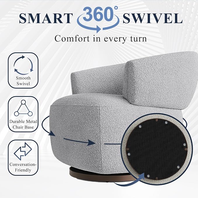 RoyalCraft Swivel Accent Chair, Fully Assembled Round Barrel Chairs, Oversized Upholstered Armchair with 360-Degree Base, Modern Club Chair for Living Room, Bedroom, Office, Grey