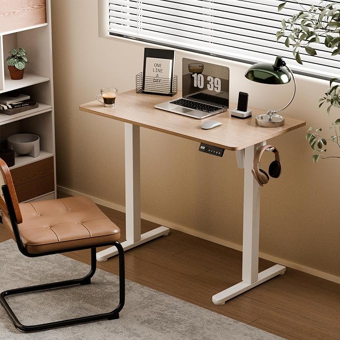 35" Electric Standing Desk Adjustable Height, Small Sit Stand Desk for Home Office & Computer Workstation, Compact Work Desk with Cable Management (Light Walnut)