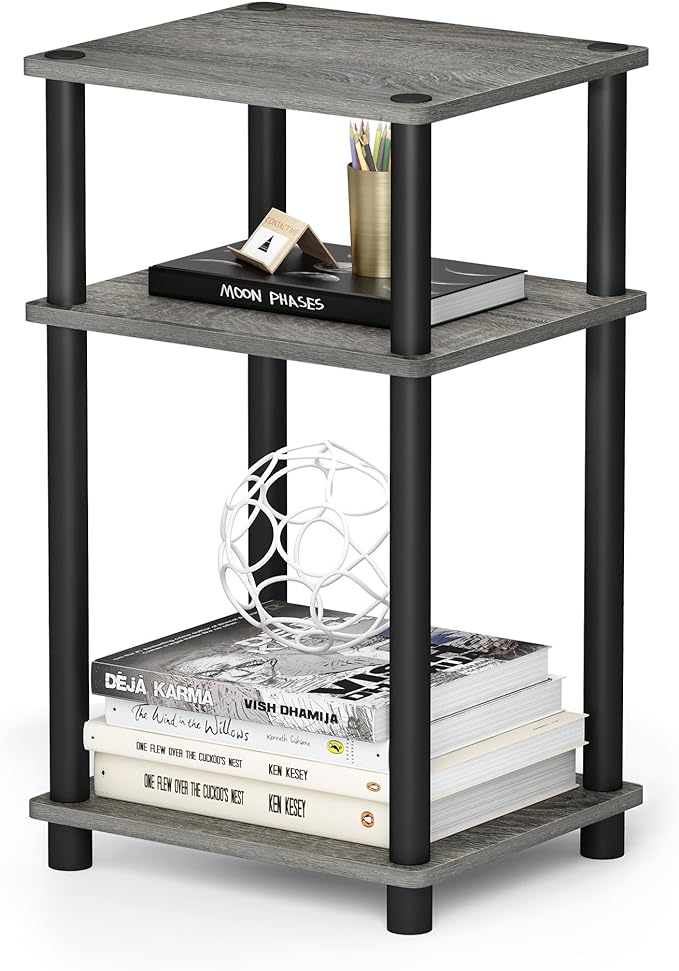 Furinno JUST Side Table Set of 2, 3-Tier Modern End Tables, Open Shelves Night Stand, Nightstand Set, Toolless Assembly, for Living Room, Bedroom, French Oak
