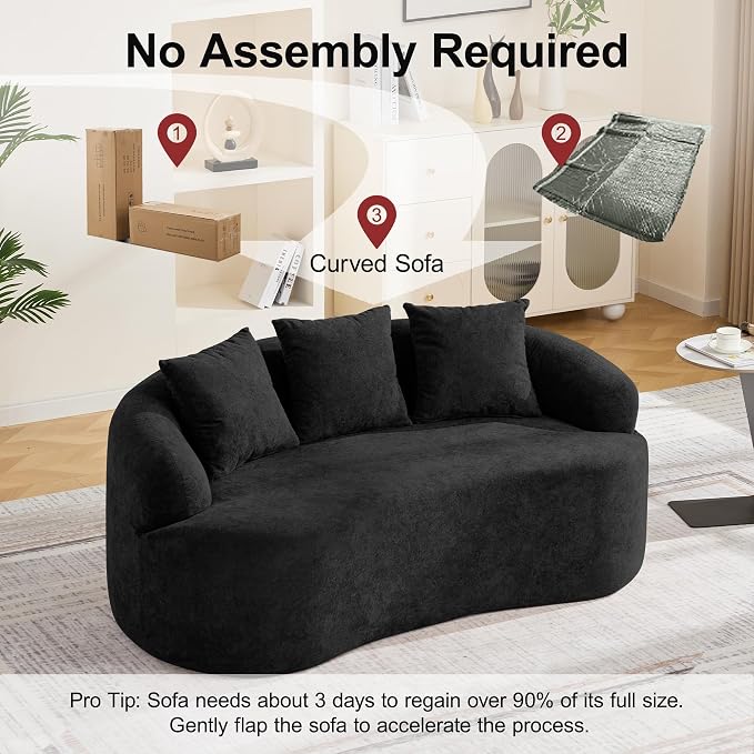 65" Boneless Curved Loveseat Sofa, Deep Seat Love Seat Couches, Modern 2 Seater Curved Couch with 3 Throw Pillows, Compressed Floor Sofa for Living Room Small Spaces, No Assembly, Black