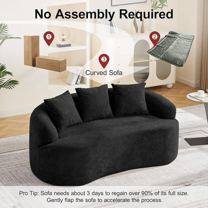 65" Boneless Curved Loveseat Sofa, Deep Seat Love Seat Couches, Modern 2 Seater Curved Couch with 3 Throw Pillows, Compressed Floor Sofa for Living Room Small Spaces, No Assembly, Black