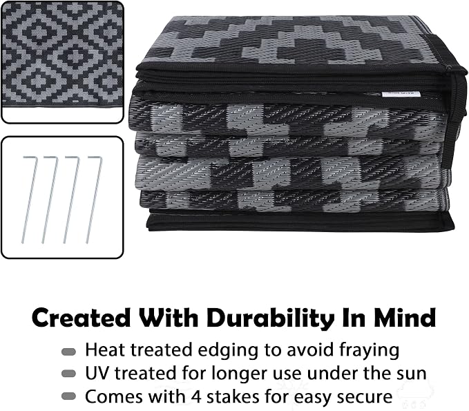 SAND MINE Waterproof Outdoor Rug 8x10 ft, Plastic Reversible Rug, Modern Area Rug, Large Floor Mat for Outdoors, RV, Patio, Backyard, Deck, Picnic, Beach, Camping (8' x 10', Black Grey Lattice)