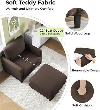 Welzona Sofa Accent Chair with Ottoman, 33" Reading Chair and Ottoman Set for Bedroom, Tool-Free Setup Living Room Accent Chairs, Comfy Arm Chairs Living Room, All-Wood Reading Nook, Brown