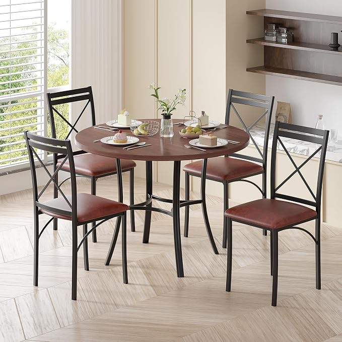 VECELO 36" Round Dining Table for 4, Wood Grain Dinette with Metal Frame for Kitchen, Apartment, Home, Space-Saving, Brown