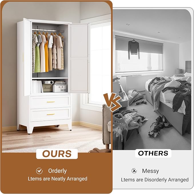 Metal Armoire Wardrobe Closet with Drawers, 71" Wardrobe Cabinet with Adjustable Shelves and Hanging Rod for Bedroom, White Metal Closet Storage Cabinet with 2 Doors & 2 Drawers