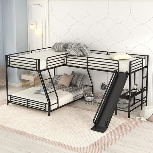 Flieks L-Shaped Twin Over Full Bunk Bed with Twin Size Loft Bed,Built-in Desk and Slide,Black