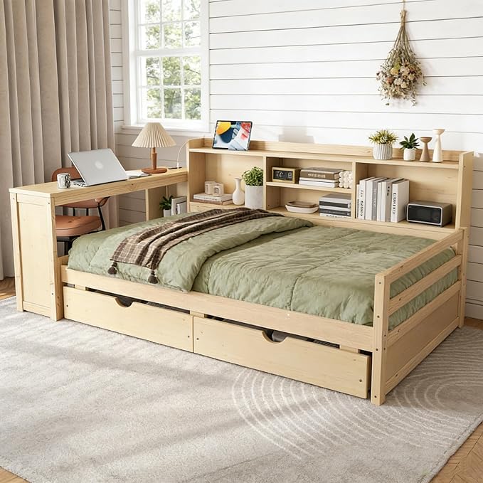 Bellemave Twin Size Corner Bed Frame with Storage Drawers and Desk,Captain L-Shaped Daybed with Bookcase,Corner Bed Frame Twin Size with Charging Station for Kids,Teens,Guests,Natural