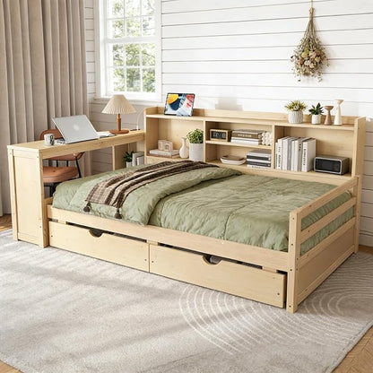 Bellemave Twin Size Corner Bed Frame with Storage Drawers and Desk,Captain L-Shaped Daybed with Bookcase,Corner Bed Frame Twin Size with Charging Station for Kids,Teens,Guests,Natural