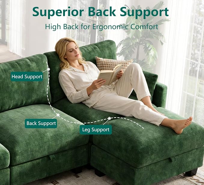 Modular Sectional U Shaped Sofa Couches for Living Room, Cloud Couch with Storage Ottoman, Comfy Chenille Sofa with Pillow, Green