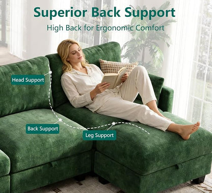 Modular Sectional U Shaped Sofa Couches for Living Room, Cloud Couch with Storage Ottoman, Comfy Chenille Sofa with Pillow, Green