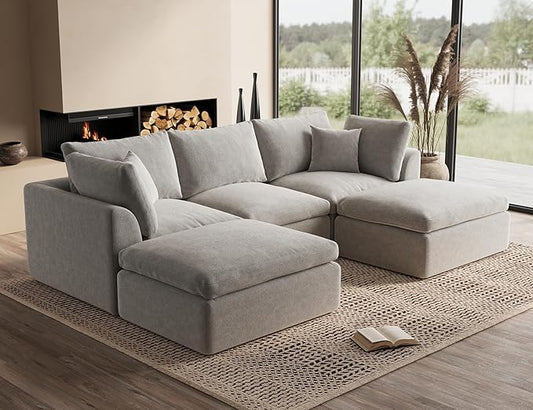 ohllob 110" Cloud Sectional Couches for Living Room, Boneless U Shaped Couch with Ottoman, 3 Seater Modular Sectional Sofa, Light Grey