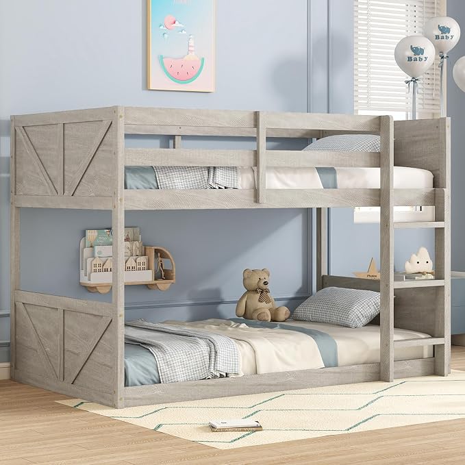 Twin Over Twin Floor Bunk Bed with Ladder,Rustic Rubber Wood Kids Beds with Panelled Headboard & Footboard,Safety Guardrails,Low-Profile Space-Saving Vintage Bunks for Children Bedroom,Antique White