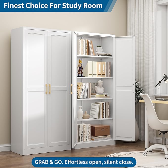 71" Metal Storage Cabinet with 4 Adjustable Shelves, White & Gold Tall Kitchen Pantry Cabinet, 180 lbs Load Per Shelf, Heavy Duty Steel Utility Organizer, Magnetic Catch