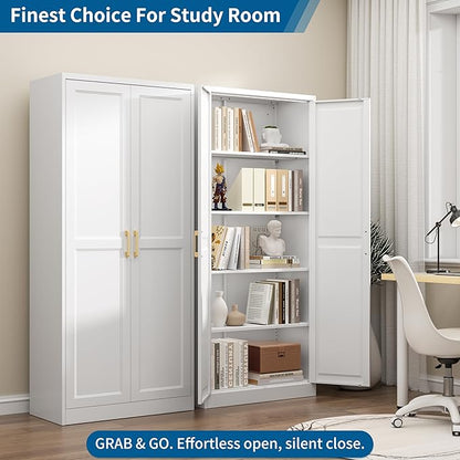 71" Metal Storage Cabinet with 4 Adjustable Shelves, White & Gold Tall Kitchen Pantry Cabinet, 180 lbs Load Per Shelf, Heavy Duty Steel Utility Organizer, Magnetic Catch