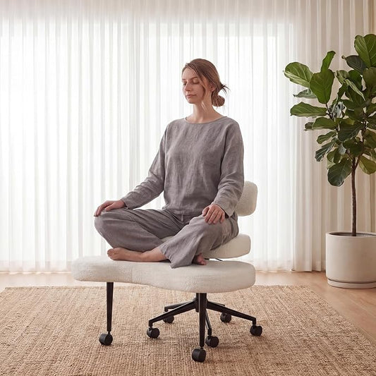 DUMOS Ergonomic ADHD Cross Legged Office Desk Chair with Adjustable Backrest, Height Adjustable Meditation Chair with 360° Swivel Footstool, Teddy Fleece Yoga Stool for Home Office, White