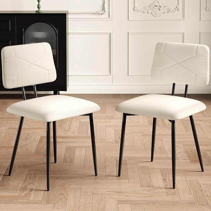 VECELO Dining Chairs Set of 2, Modern Upholstered Kitchen Chairs with Faux Leather Cushion Seat & Metal Legs for Kitchen, Living Room, Tufted Backrest Design, Beige