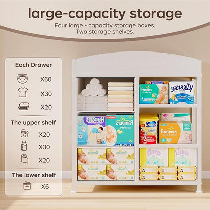 Homeiju Baby Changing Table with 4 Drawers and 2 Shelves - Baby Dresser with Changing Table Top Diaper Changing Station with Storage for Nursery Modern, White