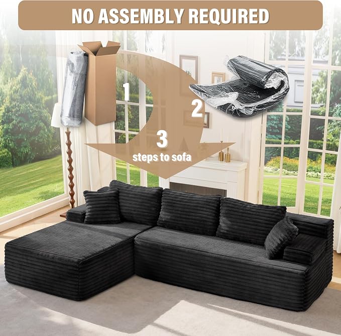 Hobestluk Boneless Couch Modular Sectional Sofa L-Shape Oversized Chaise | 108" Left Facing Chaise Charcoal,Memory Foam,Removable Cover,Non-slip Bottom,No Assemble Required,Living Room Furniture