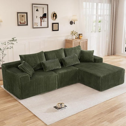 110" L Shaped Cloud Boneless Sectional Couches for Living Room, Modern Comfy Modular Deep Seat Memory Foam Compressed Corduroy Sofa Oversized Right Facing Chaise, No Assembly Required, Green
