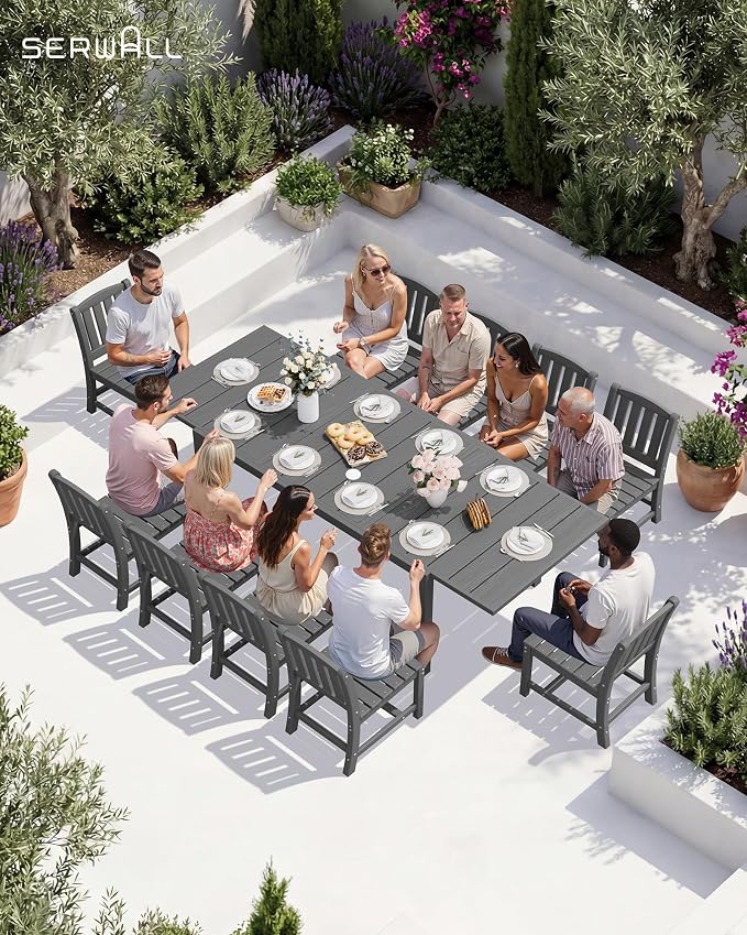 SERWALL 10-Piece Patio Dining Sets with 15FT Patio Umbrella, Grey | 60" - 83" Expandable Outdoor Dining Table and 8 HDPE Chairs, All Weather HDPE Outdoor Furniture Set