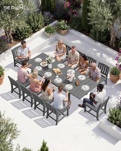 SERWALL 10-Piece Patio Dining Sets with 15FT Patio Umbrella, Grey | 60" - 83" Expandable Outdoor Dining Table and 8 HDPE Chairs, All Weather HDPE Outdoor Furniture Set