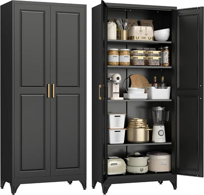 UNICOLY 75" Kitchen Pantry Cabinet, Tall Storage Cabinet with Doors and 4 Shelves, Metal Storage Cabinets for Kitchens, Living Room, Dinning Room, Assembly Required, Black