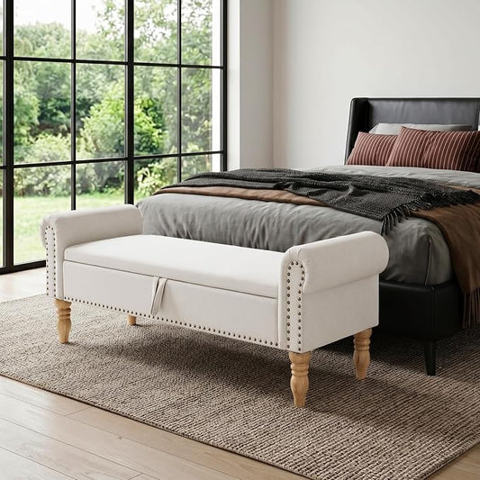 Storage Bench for Bedroom, 60" End of Bed Bench Premium Linen Upholstered Storage Ottoman, Entryway, Closet, Beige