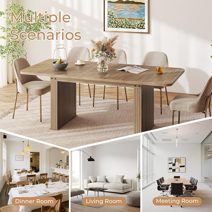 Zevemomo 63"-78.7" Expandable Dining Table, 6-10 Farmhouse Kitchen Table, Extendable Dining Table, Rectangular Table with Metal Track, Widened Wood Striped Legs for Dining Room, Office-Beige Brown
