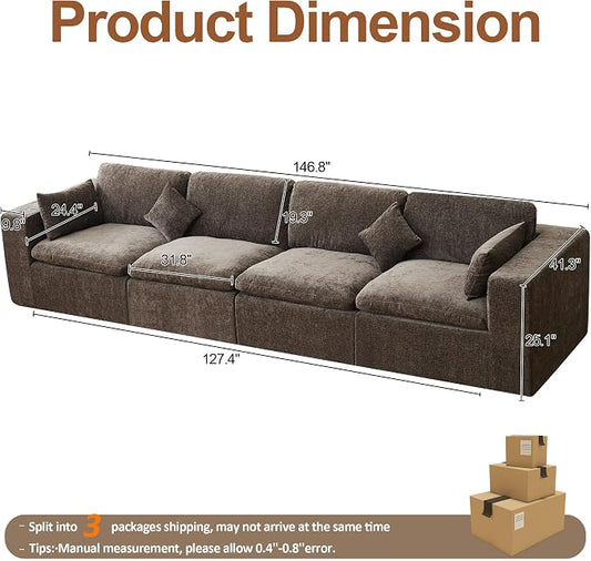 146''Cloud Boneless Sectional Couch, Modular Sectional Sofa Deep Seat, Oversized Upholstered Convertible Comfy 4 Seater Chenille Memory Foam Sofa Couches for Living Room, Brown