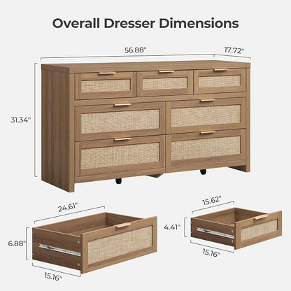 SICOTAS 7 Drawer Dressers for Bedroom Set 2, Long Rattan Dresser, Dresser TV Stand, Closet Organizer Chest of Drawers, Clothes Storage Dressers (Reclaimed Caramel Oak, 7 Drawers (2 pcs))