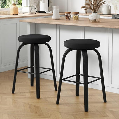 Bar Stools Set of 2, Counter Height Backless Bar Stools, 30" Swivel Barstools Kitchen Chair with Upholstered Fabric Seat, All Black