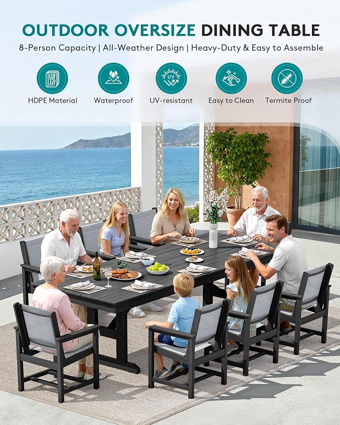 SERWALL 9 Piece 84" HDPE Outdoor Dining Set for 8 with Textilene Chairs and Umbrella Hole, Black/Gray