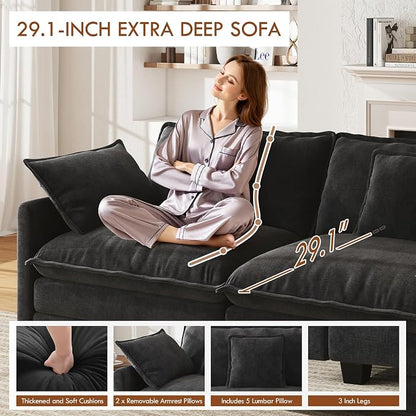 WorthFurni 114” Oversized Modular Sectional Sofa, 5-Seater V Shaped Cloud Couch Set, Comfy Chenille Deep Seat Sofa with 5 Throw Pillows, DIY Combination for Living Room (Black)