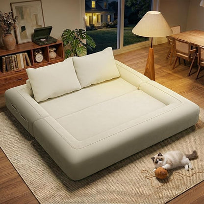75'' Folding Convertible Sofa Bed with Large Pillow, 4-in-1 Foldable Pull Out Futon Sofa Bed, Chenille Boneless Mattress Couch, No Assembly Floor Sleeper Sofa Bed for Living Room/Bedroom, Beige