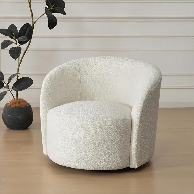 KINWELL 34" W Mid Century Modern Swivel Barrel Chair, Round Upholstered Boucle Swivel Accent Chairs, No Assembly Sofa Chair for Living Room Bedroom Reading Apartment Lounge Nursery(Cream)