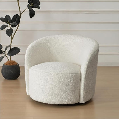 KINWELL 34" W Mid Century Modern Swivel Barrel Chair, Round Upholstered Boucle Swivel Accent Chairs, No Assembly Sofa Chair for Living Room Bedroom Reading Apartment Lounge Nursery(Cream)