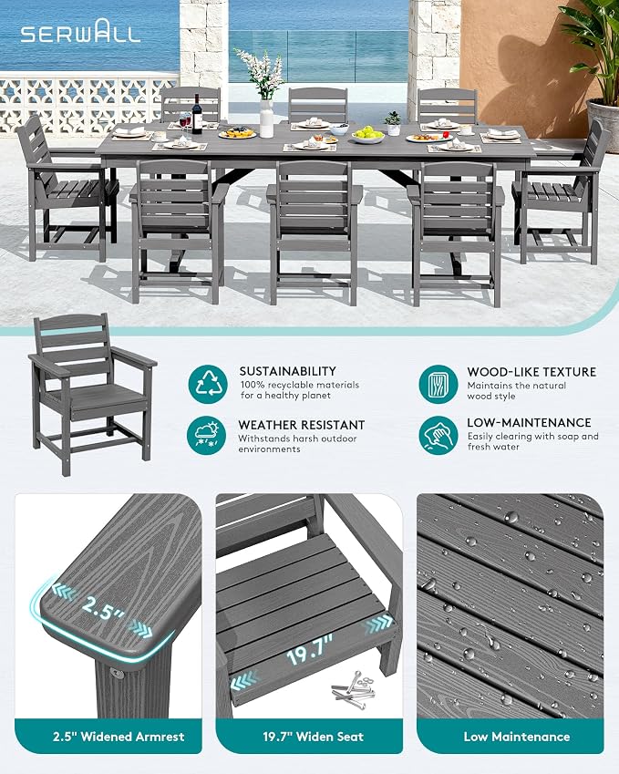 SERWALL 10 Piece 84" HDPE Outdoor Dining Set for 8 with 15ft Double-Sided Umbrella, Gray